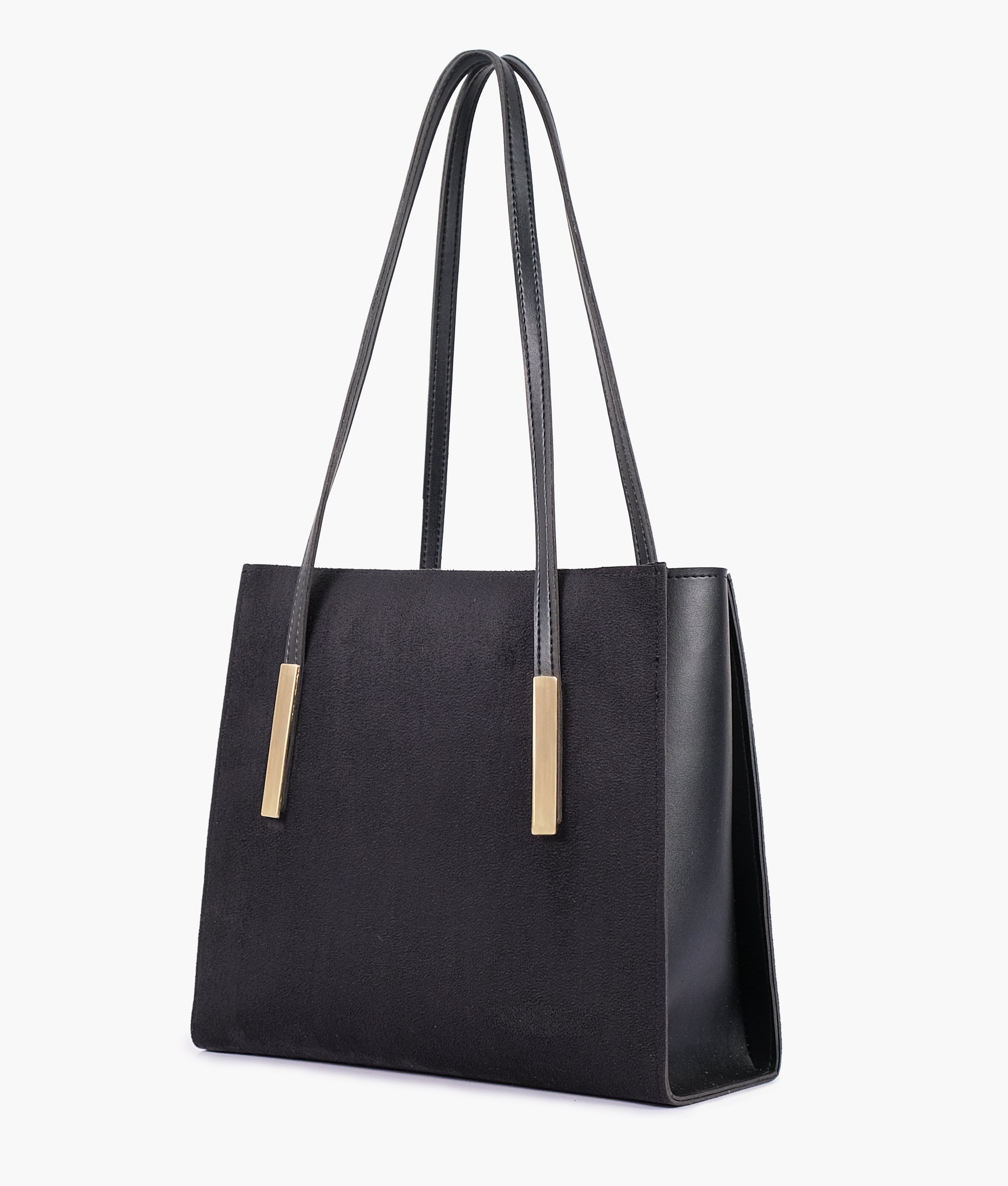 Black suede zipper shoulder bag with long handle