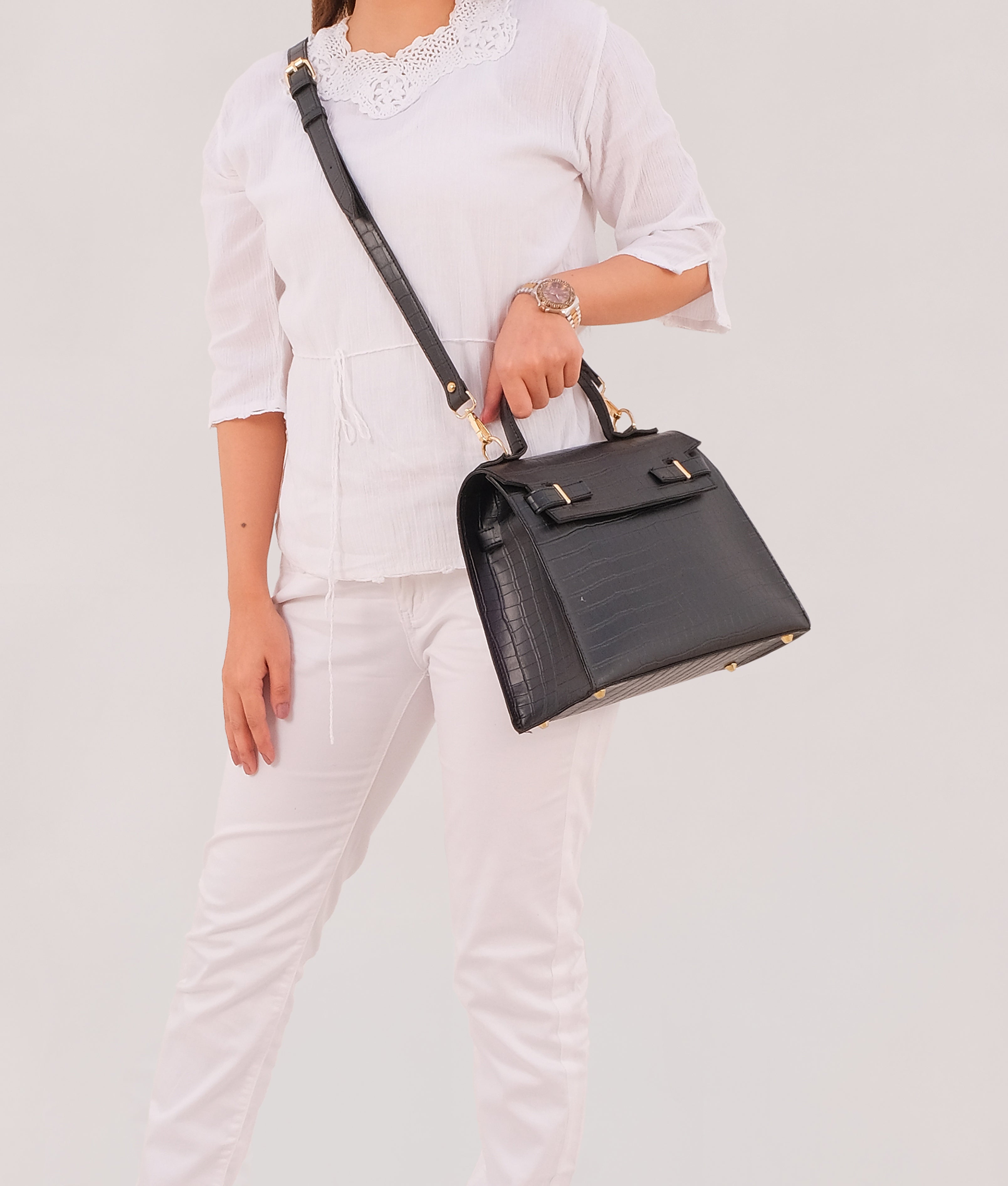 Black top-handle crocodile mini bag