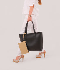 Black tote bag with detachable pouch
