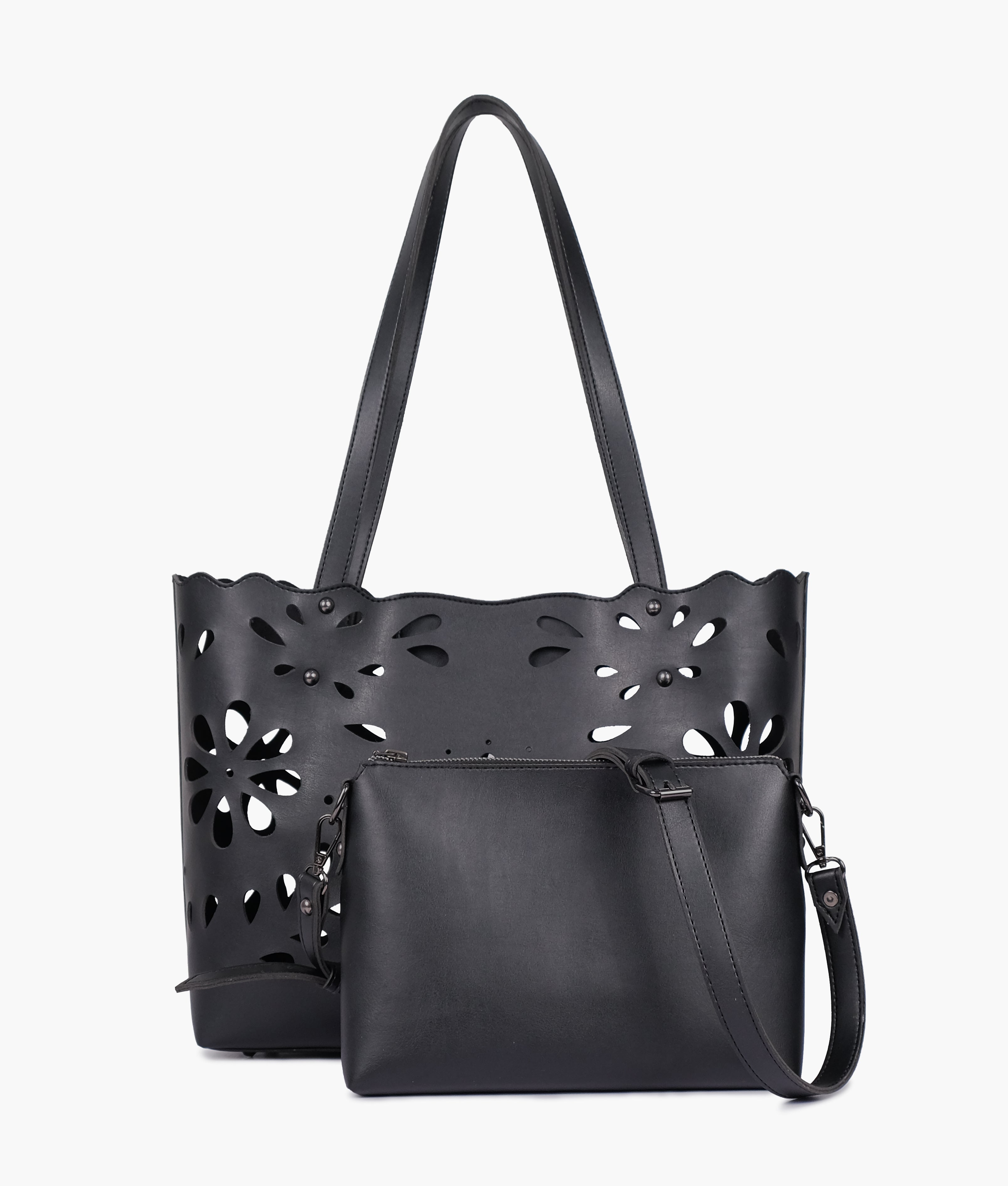 Black two-piece floral tote