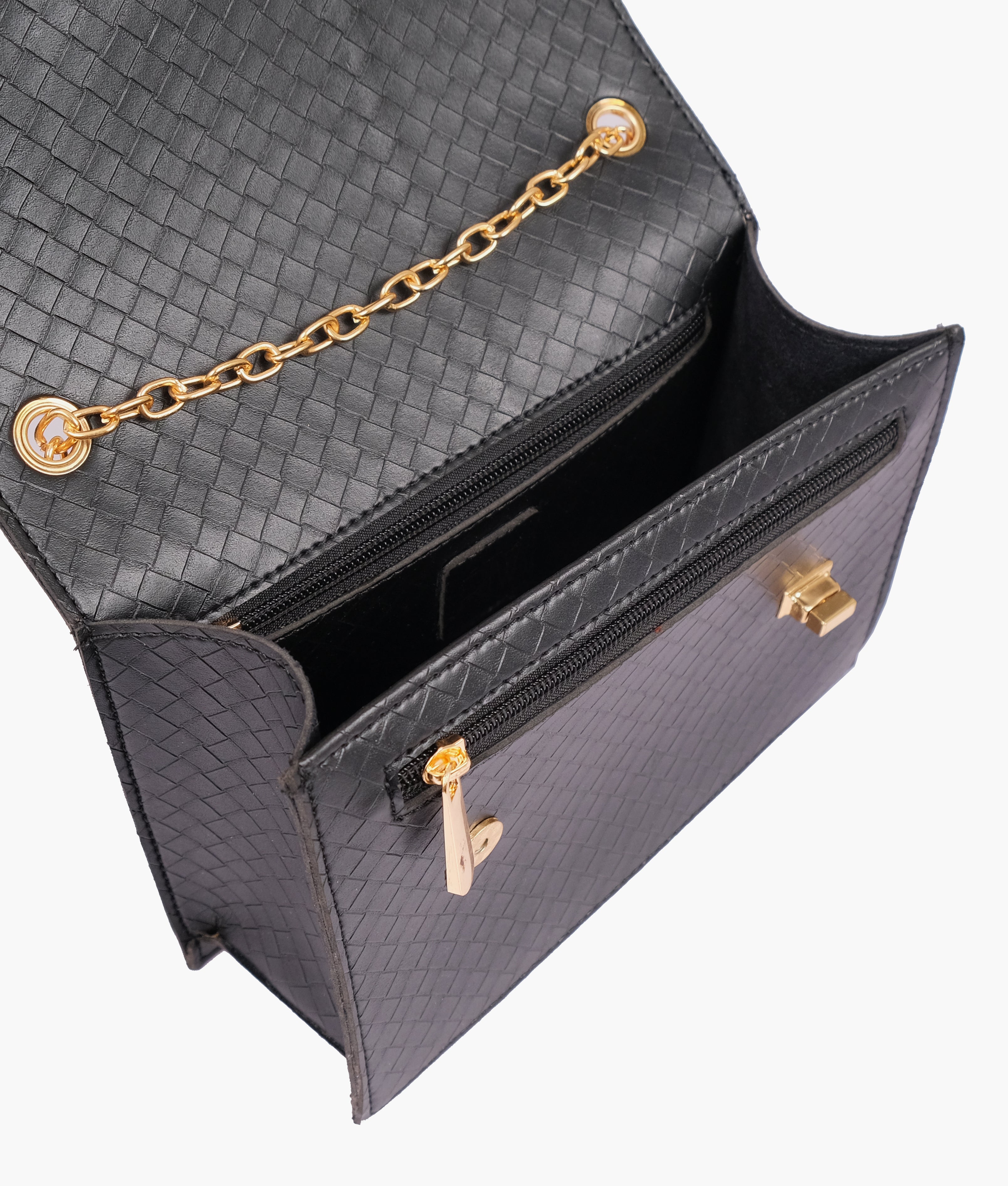 Black weaved chain shoulder bag with twist lock