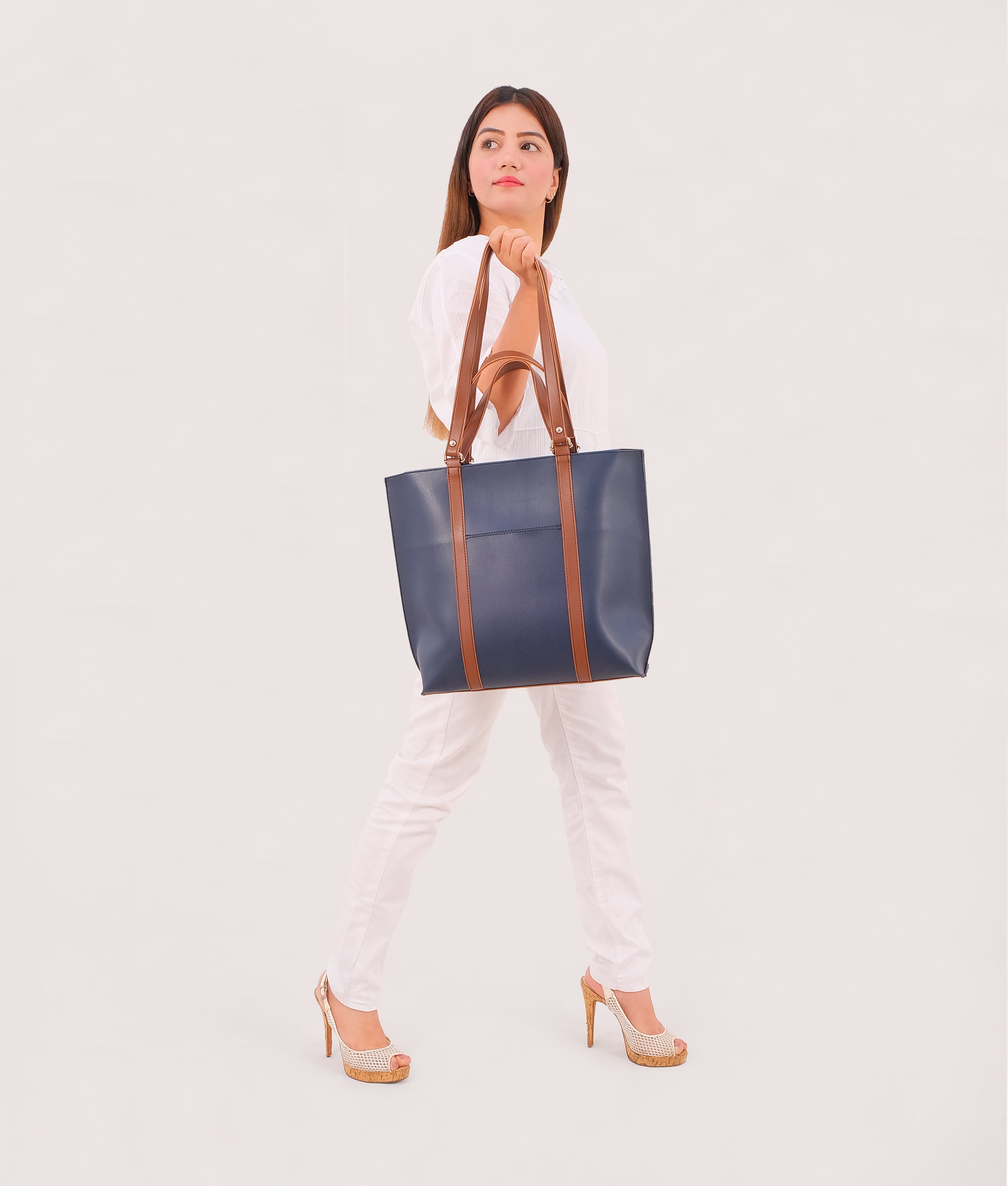 Blue and brown double-handle tote bag