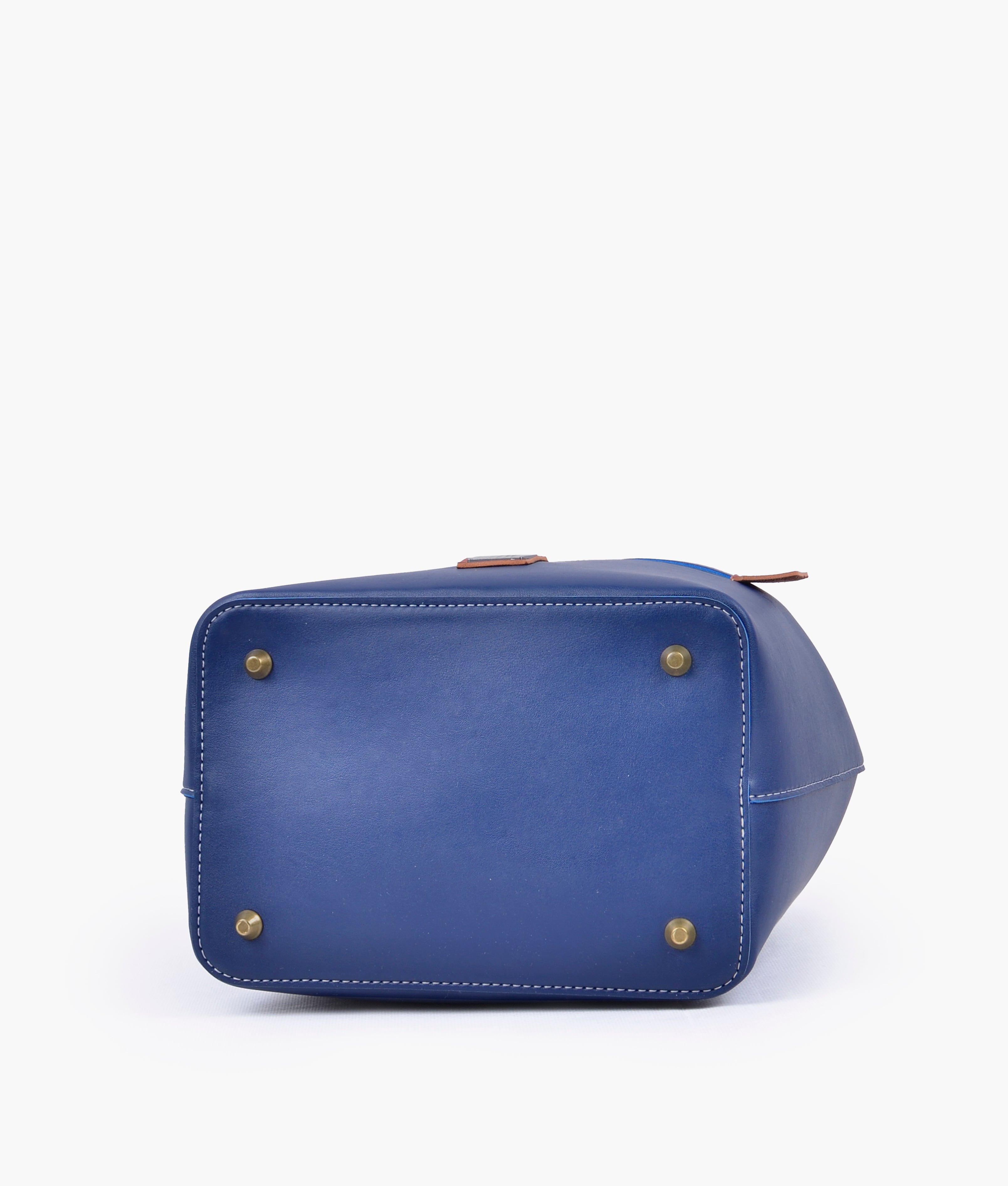 Blue and rust bucket bag with zipper pocket