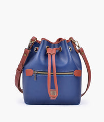 Blue and rust bucket bag with zipper pocket