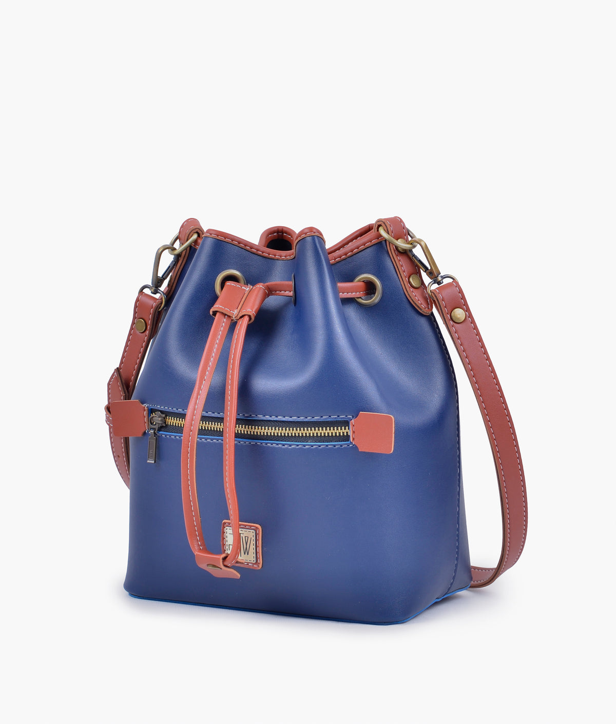 Blue and rust bucket bag with zipper pocket