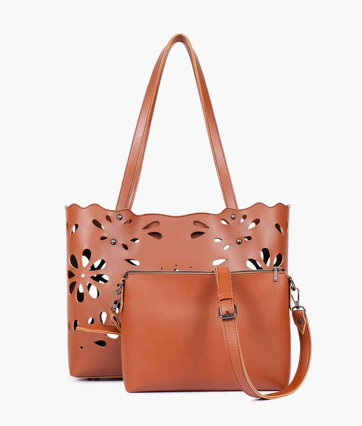 Brown two-piece floral tote