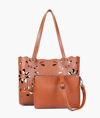 Brown two-piece floral tote