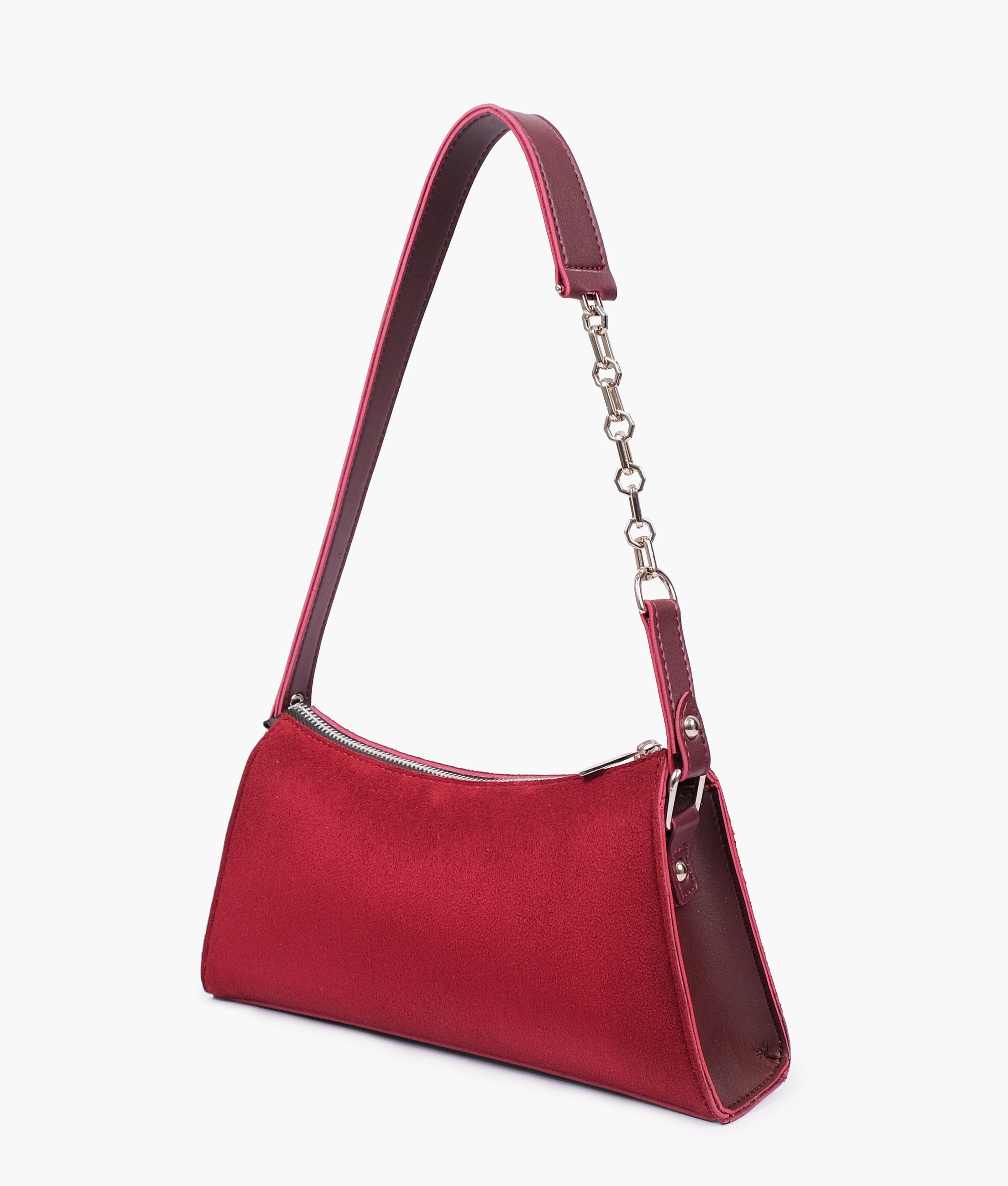 Burgundy suede evening bag with chain handle
