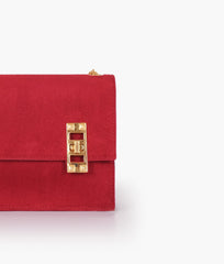 Burgundy suede chain shoulder bag with twist lock