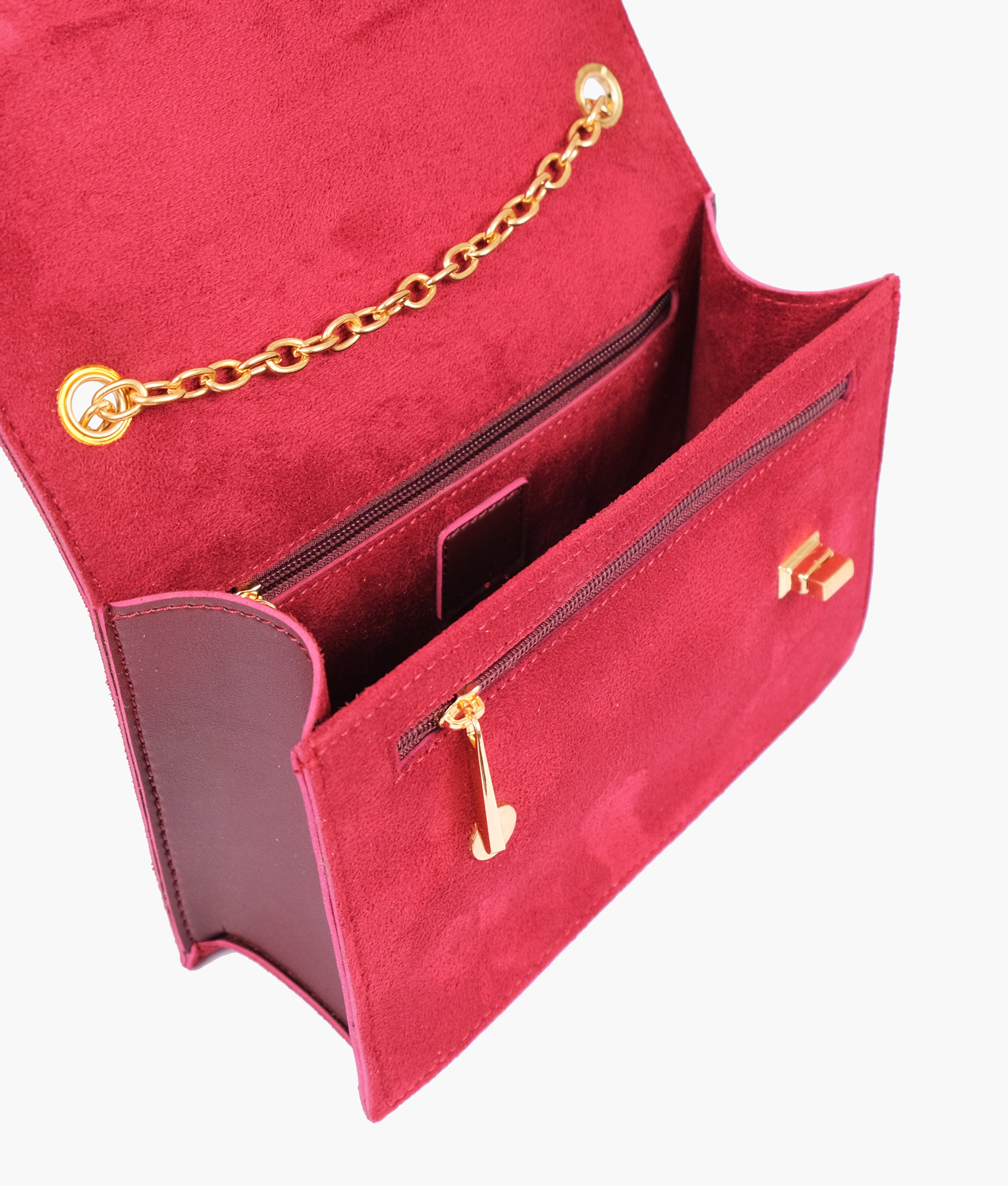 Burgundy suede chain shoulder bag with twist lock