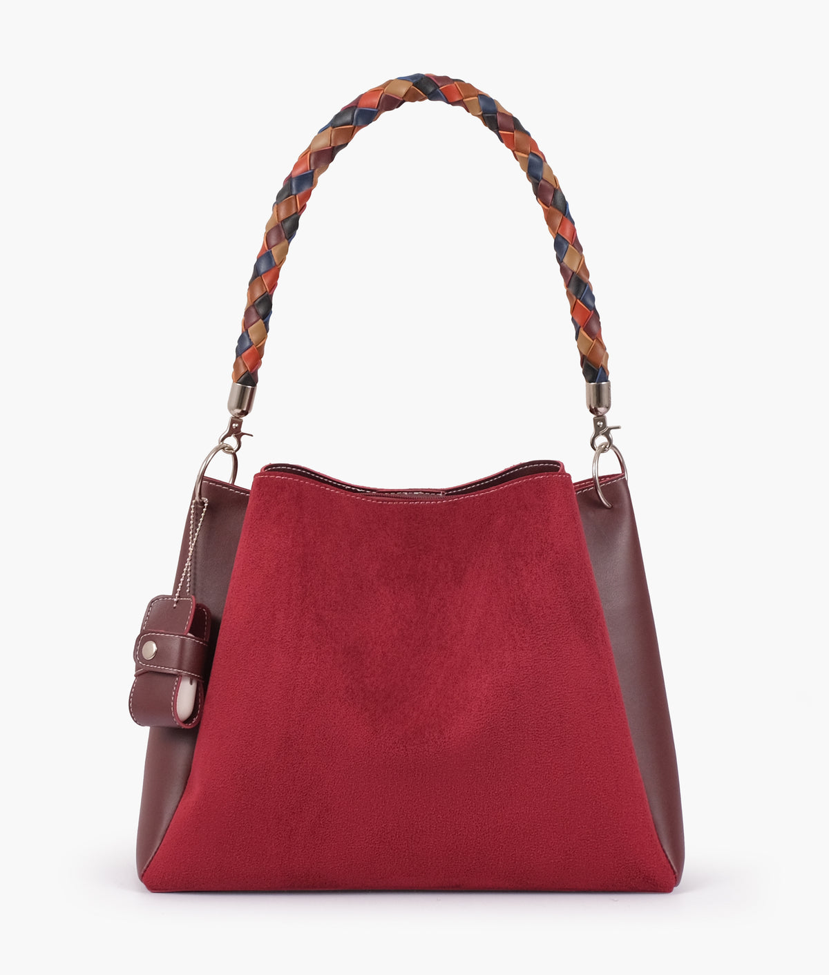 Burgundy suede handbag with braided handle