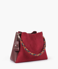 Burgundy suede handbag with braided handle