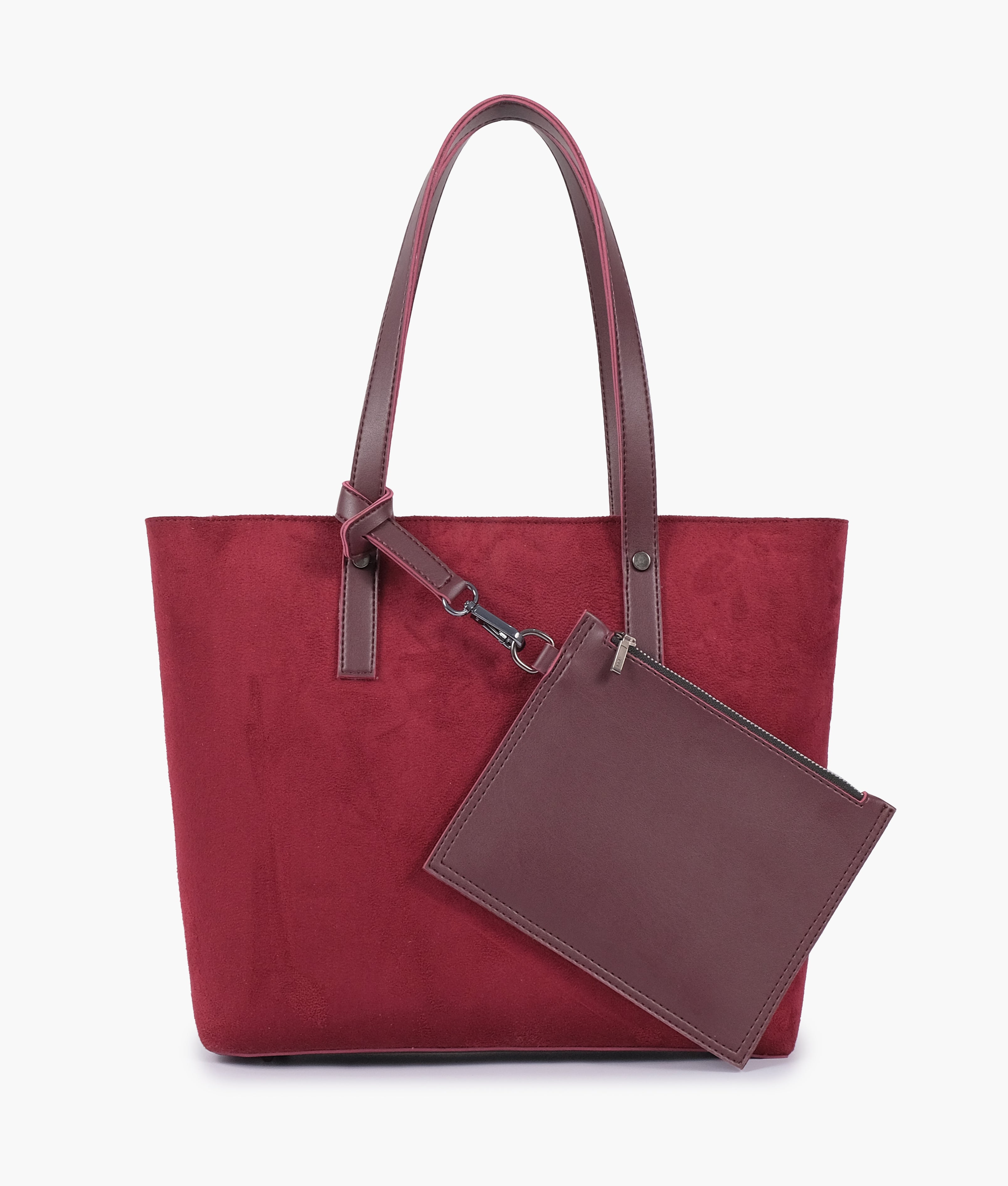 Burgundy suede tote bag with detachable pouch