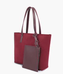 Burgundy suede tote bag with detachable pouch