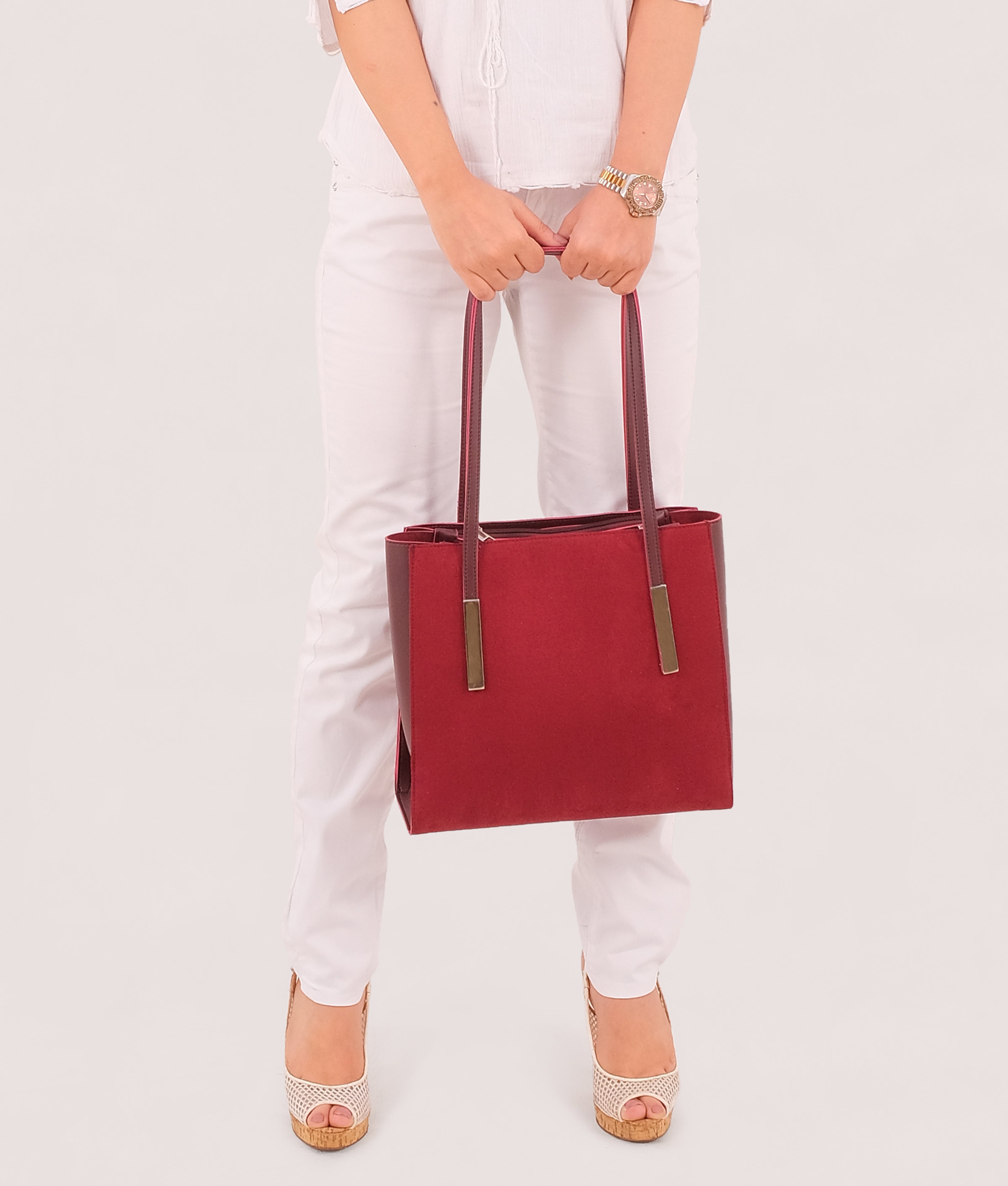 Burgundy suede zipper shoulder bag with long handle