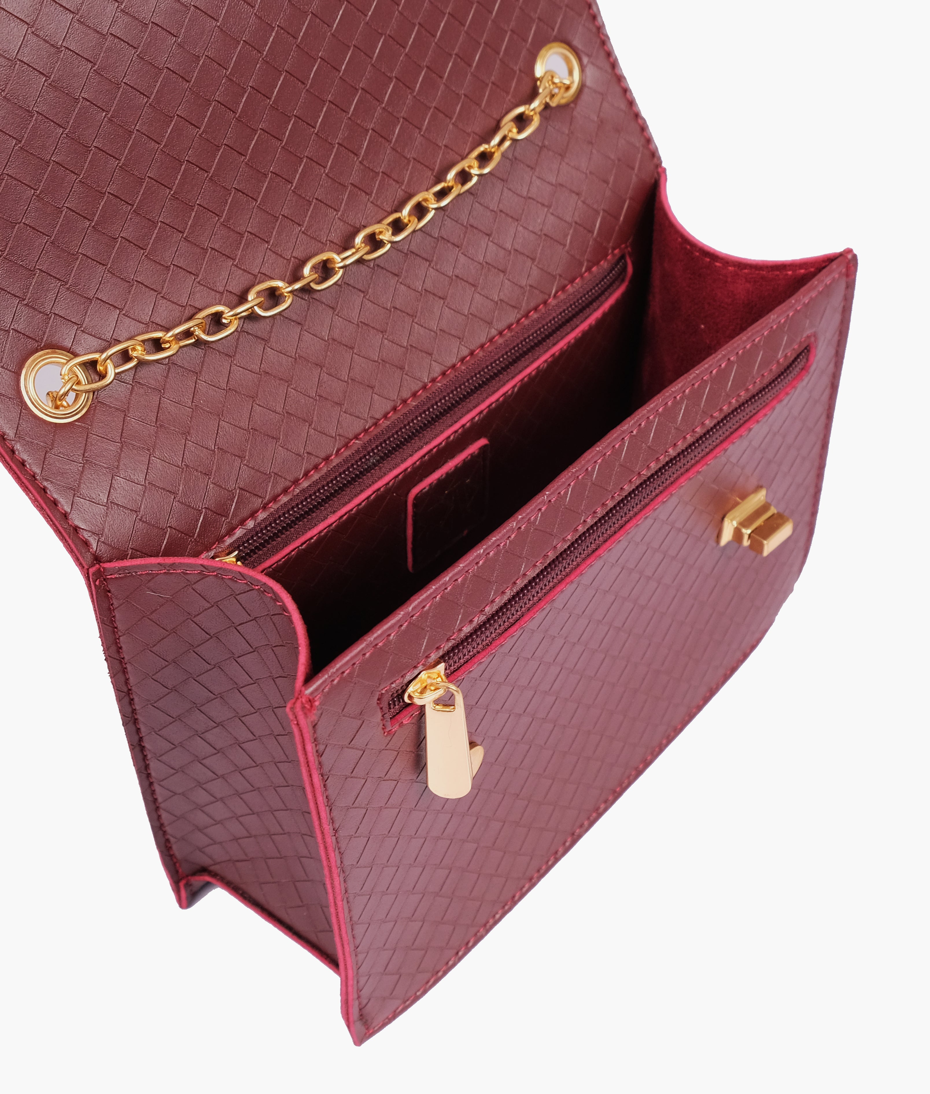 Burgundy weaved chain shoulder bag with twist lock