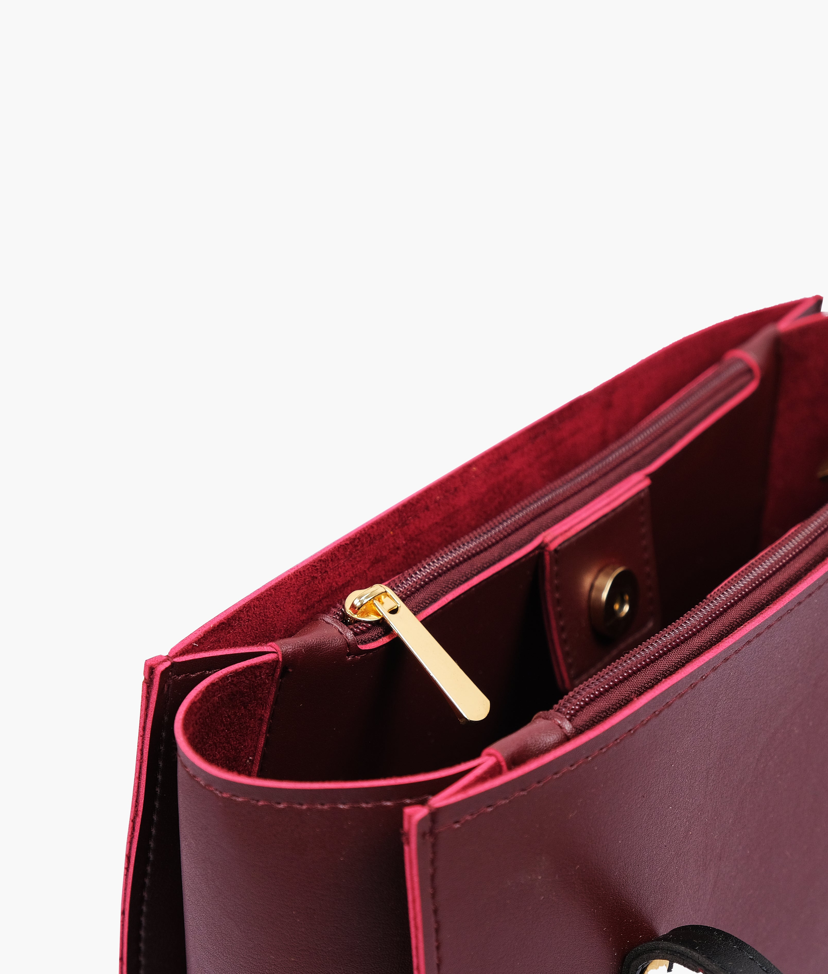Burgundy and black zipper shoulder bag with long handle
