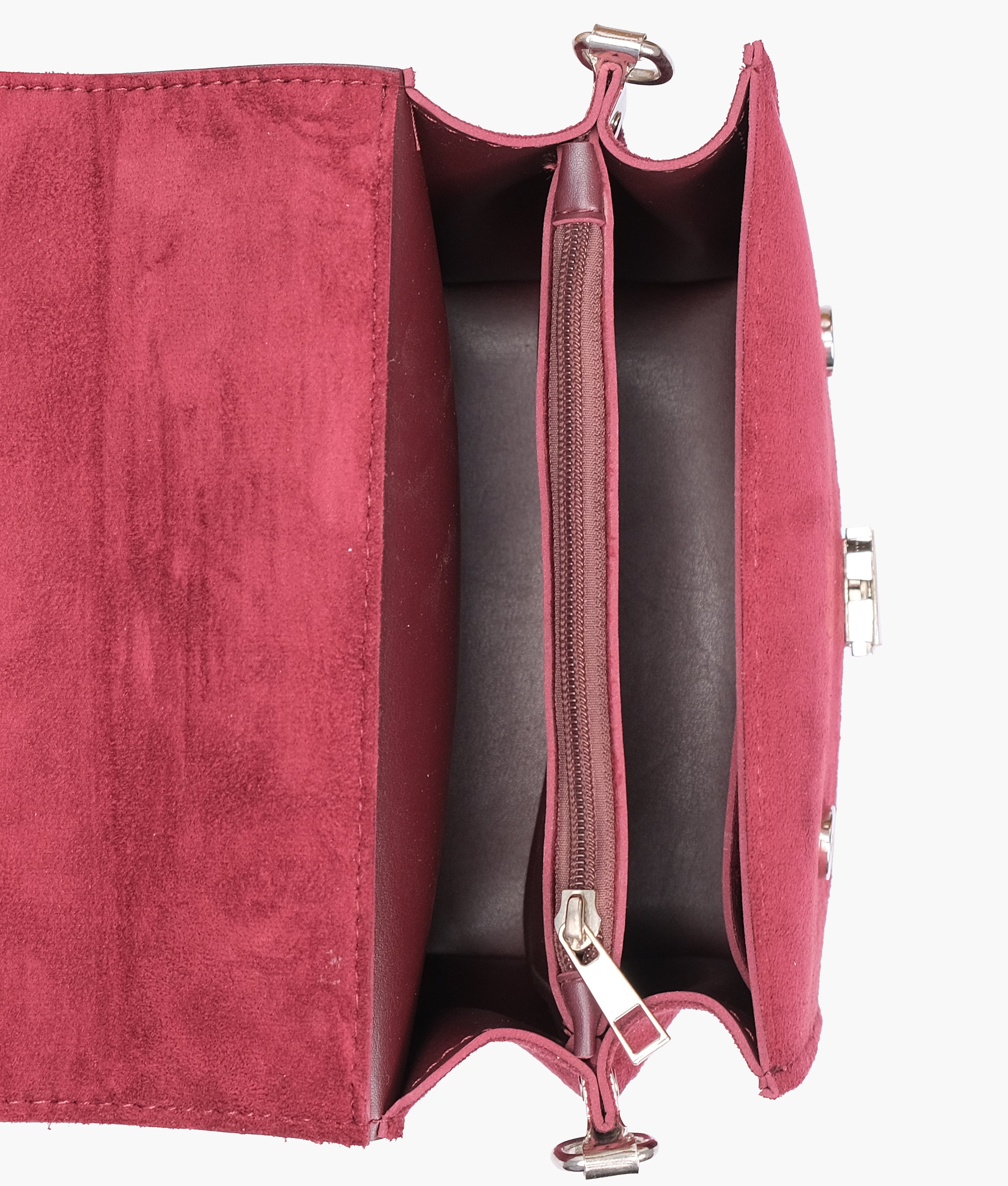 Burgundy suede top-handle mini cross-body bag