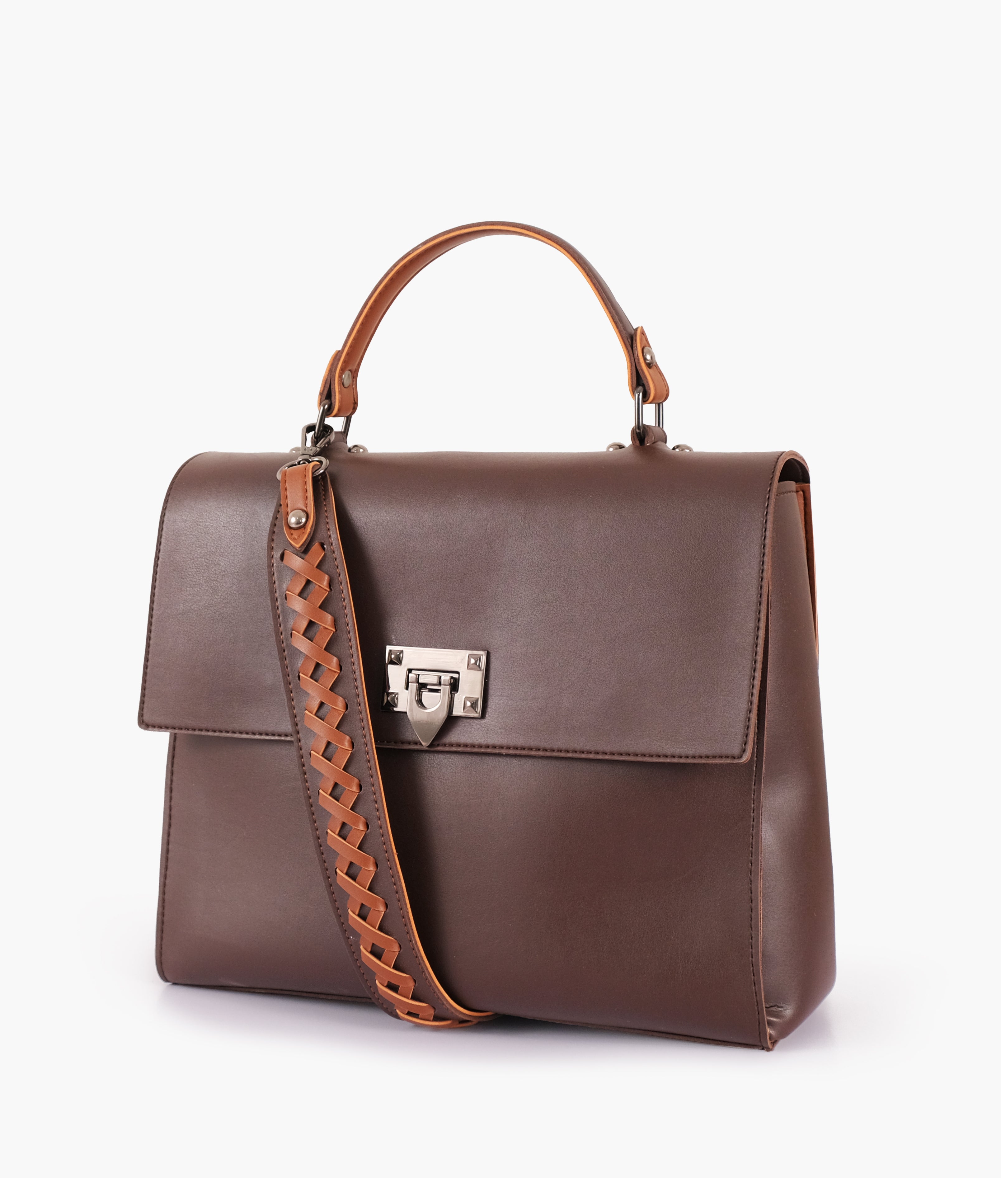 Dark brown flap-over top-handle bag