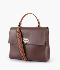 Dark brown flap-over top-handle bag