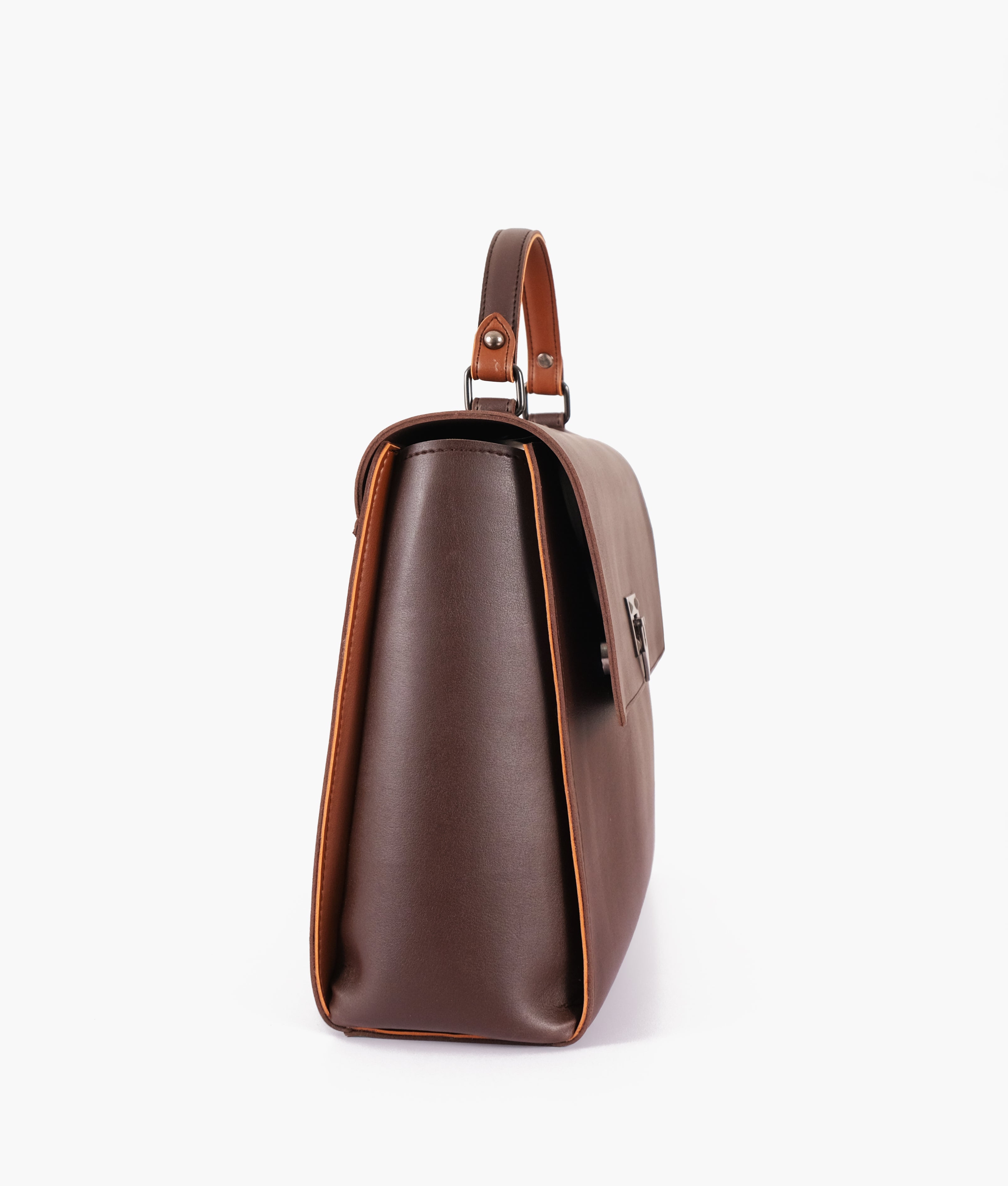 Dark brown flap-over top-handle bag