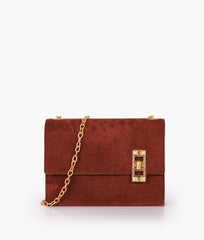 Dark brown suede chain shoulder bag with twist lock