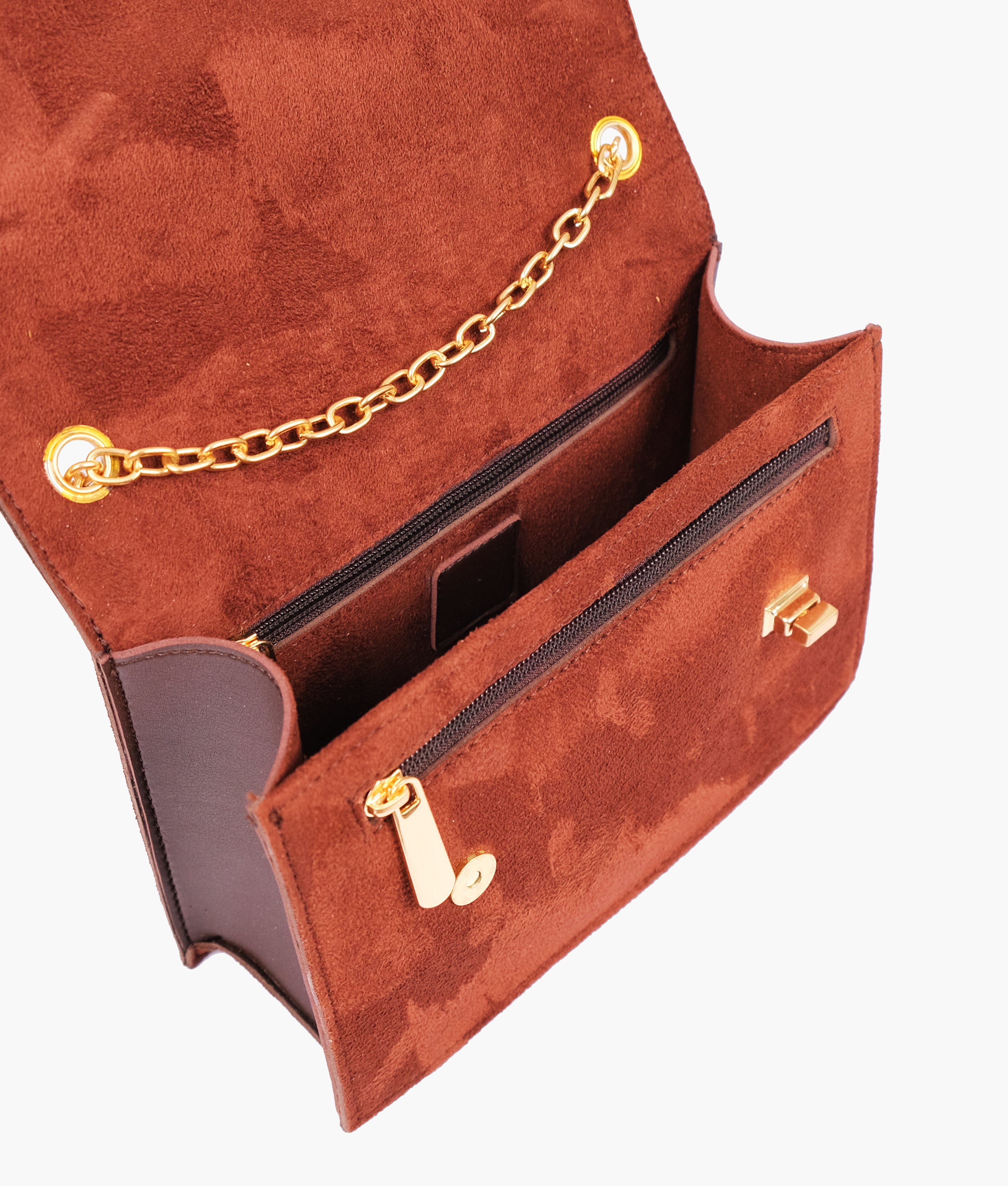 Dark brown suede chain shoulder bag with twist lock