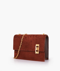 Dark brown suede chain shoulder bag with twist lock