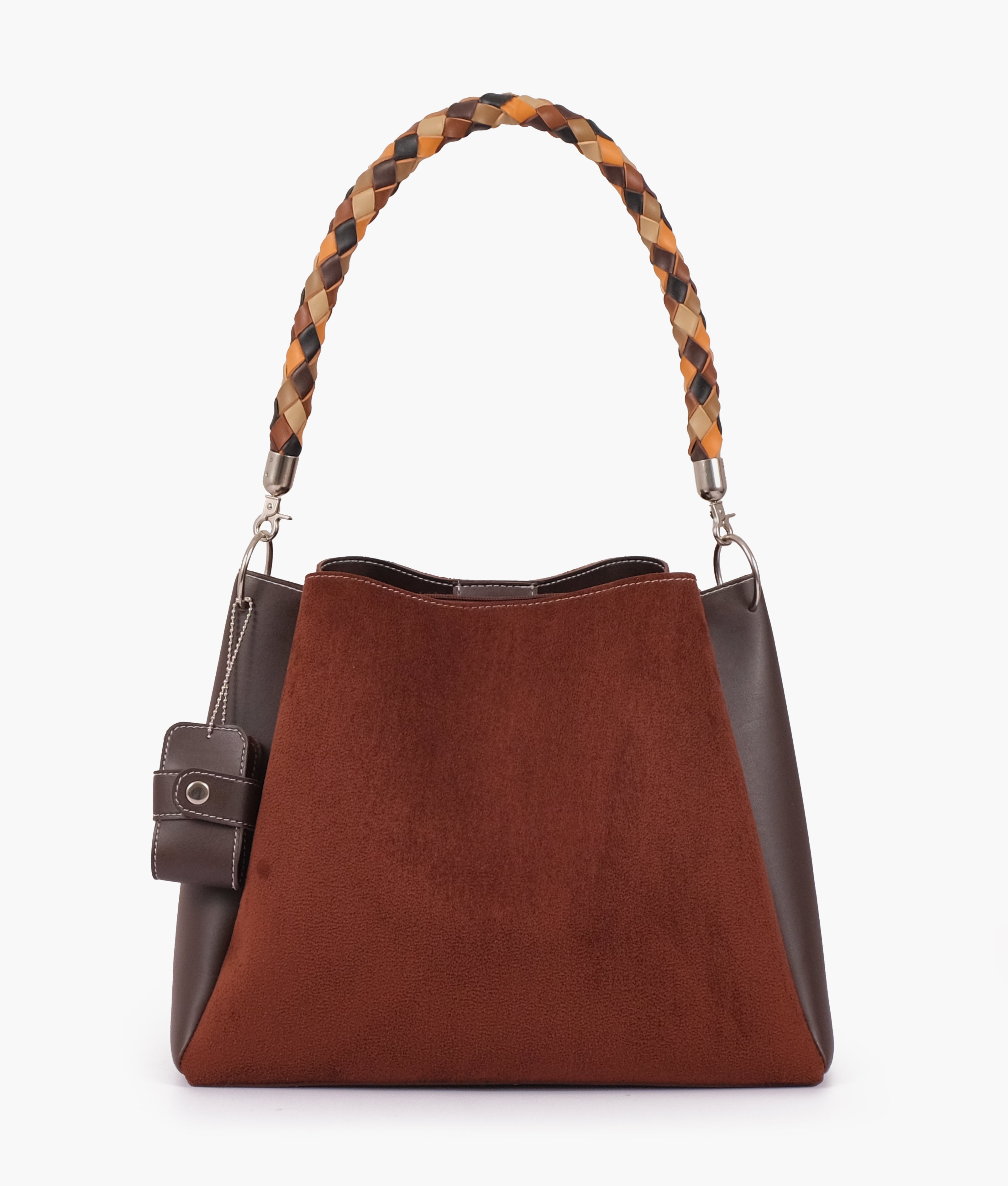 Dark brown suede handbag with braided handle