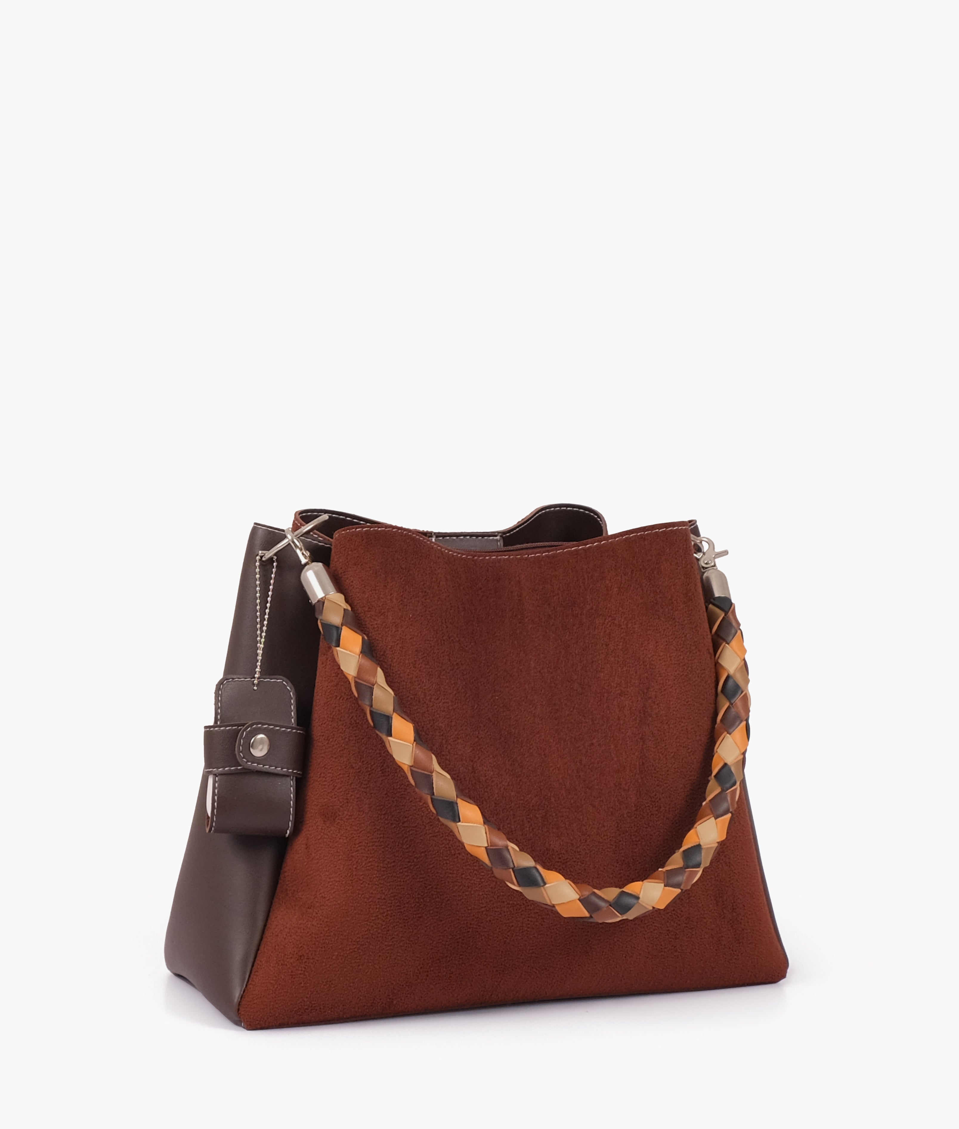 Dark brown suede handbag with braided handle