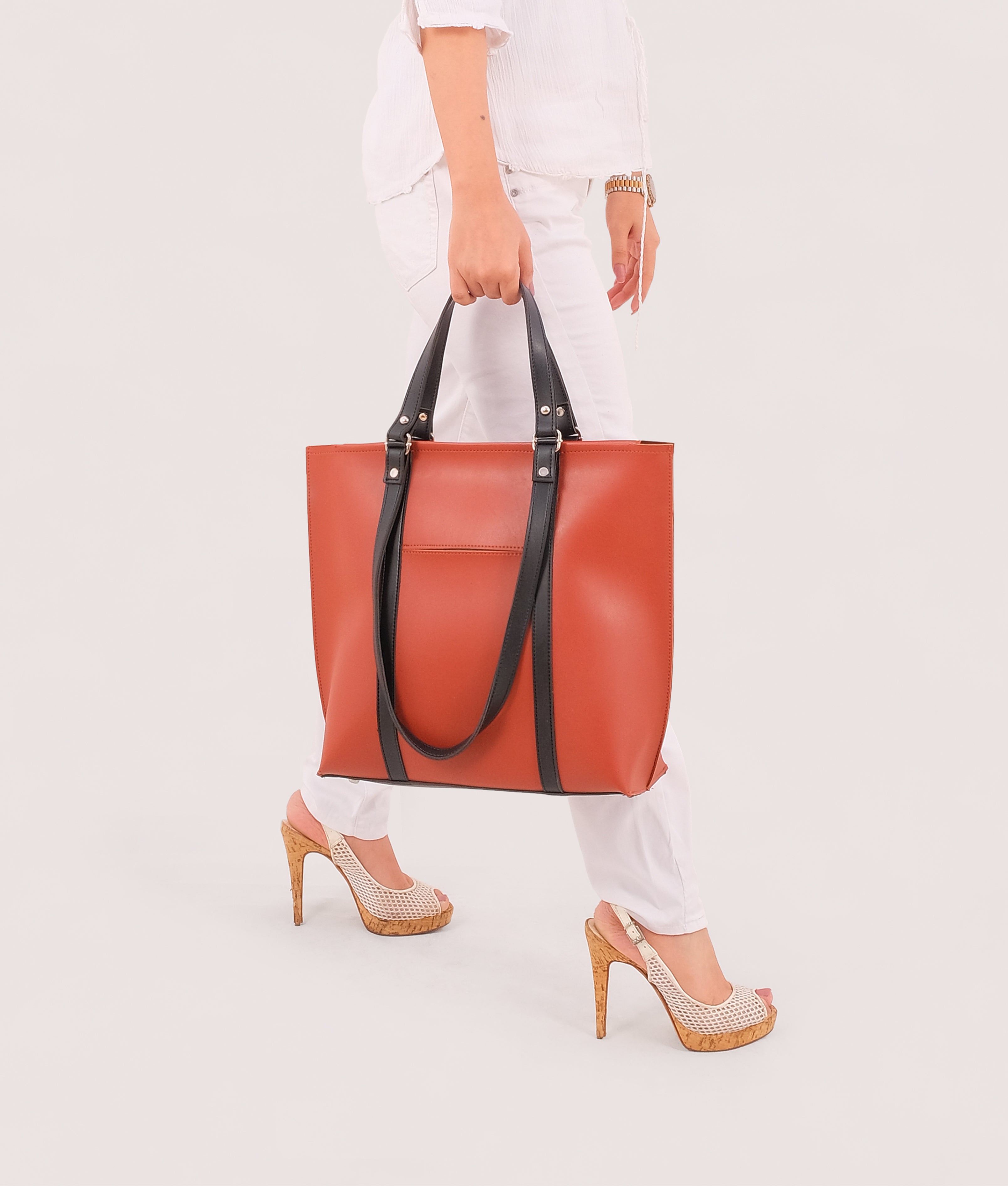 Rust and black double-handle tote bag